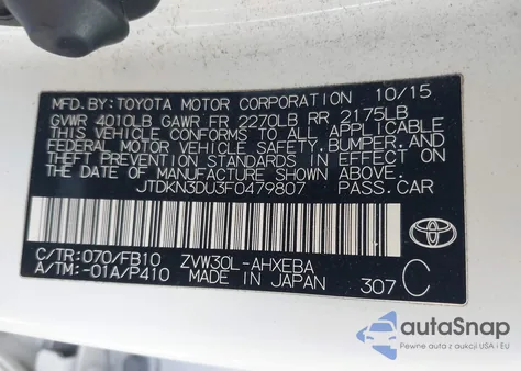 2015 Toyota Prius Two из США, поврежденный, VIN JTDKN3DU3F0479807
